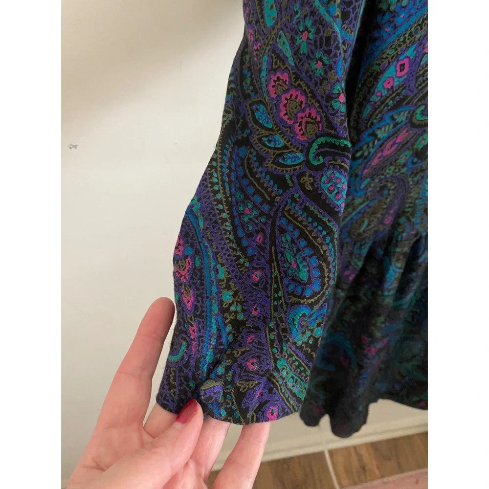 La Chemise Vintage 80s Paisley Drop Waist Midi Dress Teal Purple Magenta Size 12